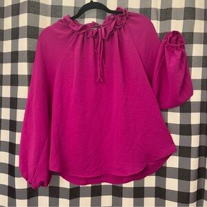 Vibrant Magenta Blouse with Frilly Neckline and Flowey wrists.